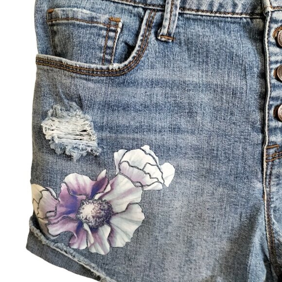 (1061)Black Daisy High Waisted Floral Print Denim Shorts Size 7/28 (Jr) - Picture 4 of 8